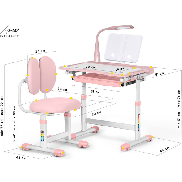 Комплект меблів Evo-Kids (стіл+стілець+полиця+лампа) BD-20 PN - стільниця біла / колір пластика рожевий (коробок-1 шт.)