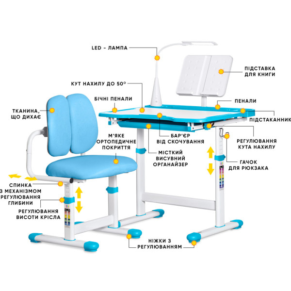 Комплект меблів Evo-kids (стіл+стілець+полиця+лампа) BD-23 BL - стільниця біла / колір пластика блакитний (коробок-1 шт.)