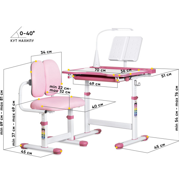 Комплект меблів Evo-kids (стіл+стілець+полиця+лампа) BD-23 PN - стільниця біла / колір пластика рожевий (коробок-1 шт.)