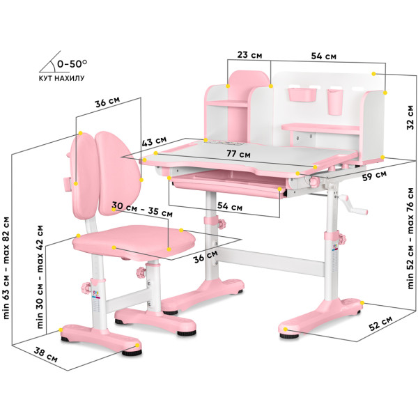 Комплект меблів (стіл + стілець + полиця) Mealux BD-28 Panda Pink (арт. BD-28 PN) - стільниця біла / колір пластику рожевий (коробок-1 шт.)