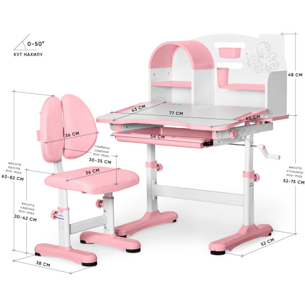 Комплект меблів (стіл + стільчик + полиця) Mealux Octo Pink (арт. BD-33 PN) - стільниця біла / накладки рожеві (коробок-1 шт.)