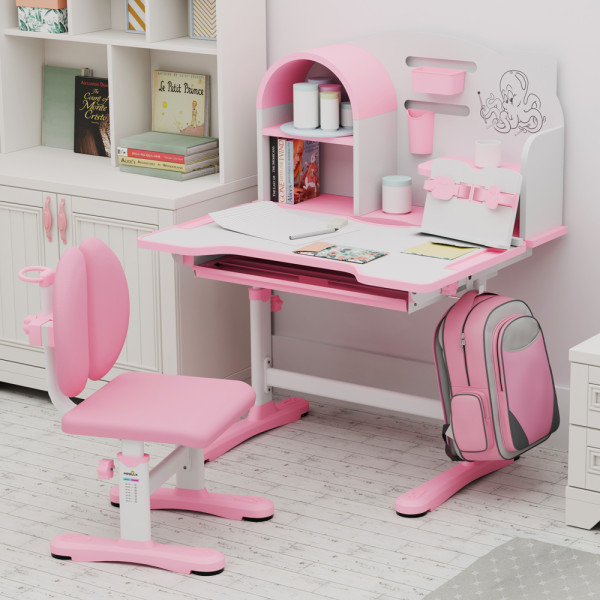 Комплект меблів (стіл + стільчик + полиця) Mealux Octo Pink (арт. BD-33 PN) - стільниця біла / накладки рожеві (коробок-1 шт.)