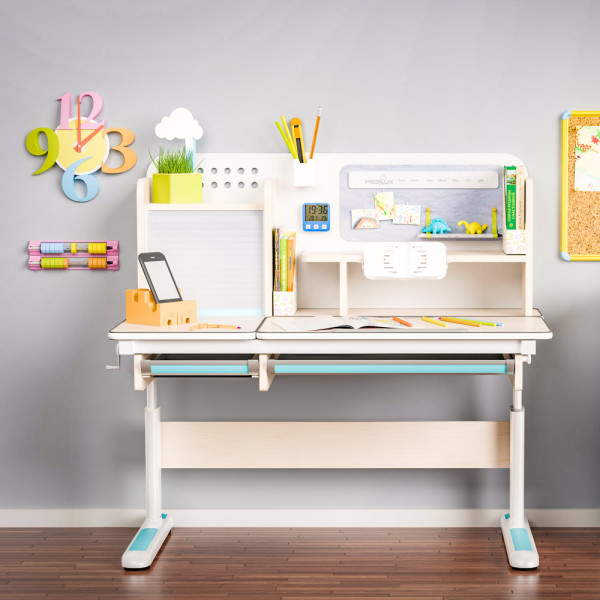 Детский стол Mealux Winnipeg Multicolor MG + BL (арт.BD-630 MG + BL Multicolor) - столешница береза / ножки белые, накладки серые и голубые (коробок-1 шт.)