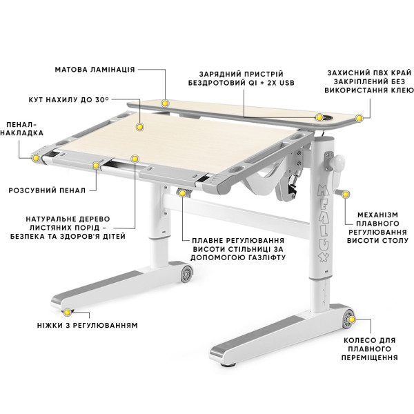 Дитячий стіл Mealux Ergowood L Multicolor TG Energy (арт. BD-810 TG/MC Energy) - стільниця береза / накладки на ніжках сірі (коробок-2 шт.)