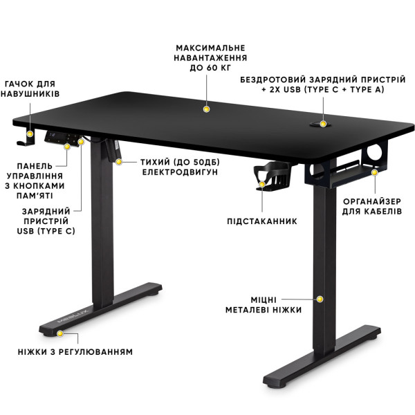 Стол Mealux PowerDesk Energy Black c электрорегулировкой высоты (арт. EVO-201 Energy B/B) - столешница черная / ножки черные (коробок-2 шт.)