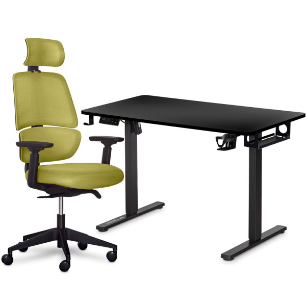 Комплект Mealux PowerDesk Lite Black + Leo Air Plus Green (арт. EVO-201 Lite B/B+Y 546 KZ) - стільниця чорна / оббивка зелена (коробок 3 шт.)