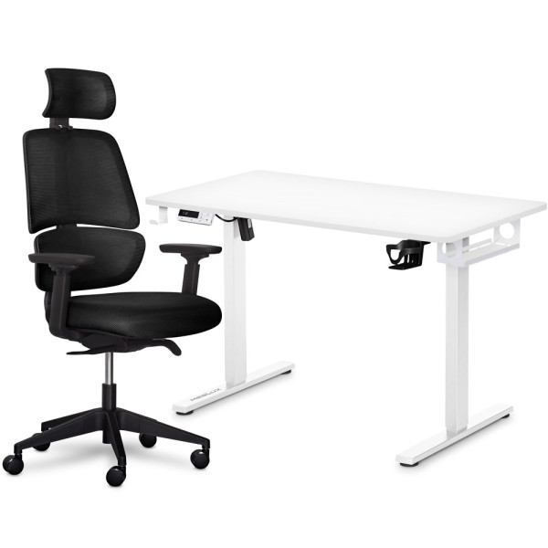 Комплект Mealux PowerDesk Lite Black + Leo Air Plus Black (арт. EVO-201 Lite W/W +Y 546 KB) - стільниця біла / оббивка чорна (коробок 3 шт.)