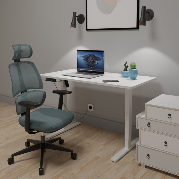 Комплект Mealux PowerDesk Lite White + Leo Air Grey Blue (арт. EVO-201 Lite W/W +Y 546 KBGL) - стільниця біла / оббивка сіро-блакитна (коробок 3 шт.)