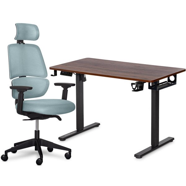 Комплект Mealux PowerDesk Lite Walnut+Leo Air Plus Grey Blue (арт. EVO-201 Lite Walnut/B+Y 546 KBGL) - стільниця дерево / обивка сіро-блакитна (коробок 3 шт.)