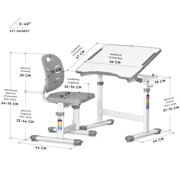 Комплект Evo-kids (стіл+cтілець) Evo-03 Ergo Grey (арт. Evo-03 Ergo G) - стільниця біла / колір пластику сірий (коробок-1 шт.)