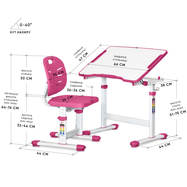 Комплект Evo-kids (стіл+стілець) Evo-03 Ergo Pink (арт. Evo-03 Ergo PN) - стільниця біла / колір пластику рожевий (коробок-1 шт.)