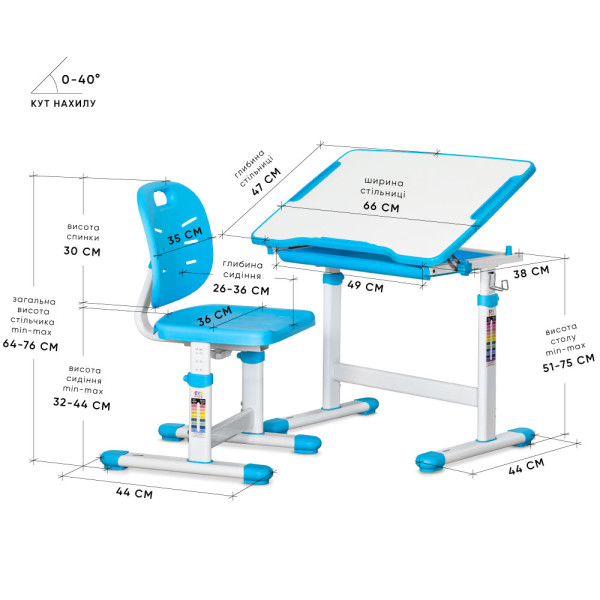Комплект Evo-kids (стіл+стілець) Evo-05 Ergo Blue (арт. Evo-05 Ergo BL) - стільниця біла / колір пластику блакитний (коробок-1 шт.)