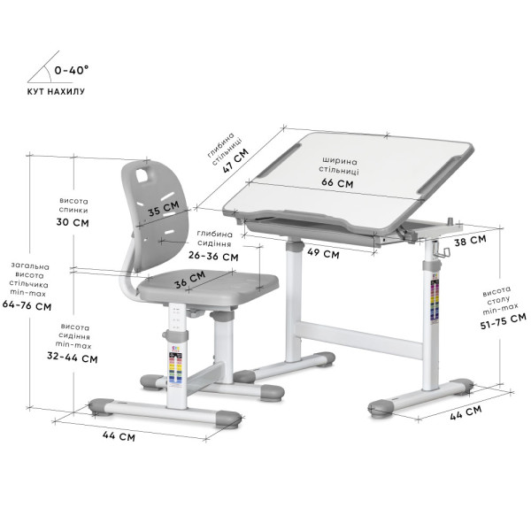 Комплект Evo-kids (стіл+стілець) Evo-05 Ergo Grey (арт. Evo-05 Ergo G) - стільниця біла / колір пластику сірий (коробок-1 шт.)