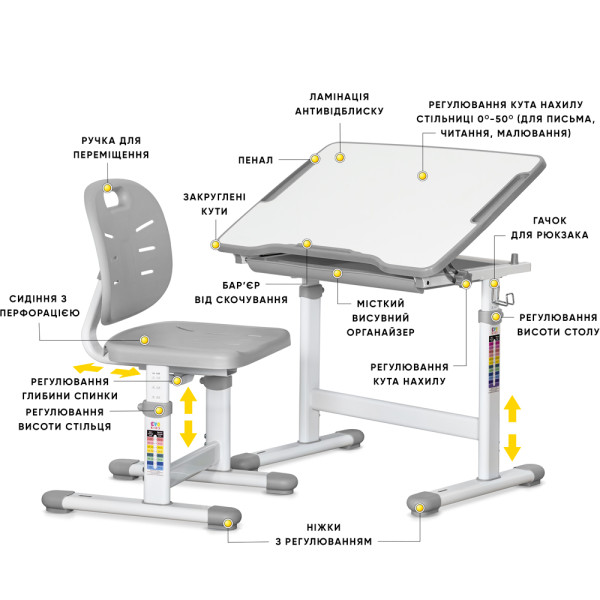 Комплект Evo-kids (стіл+стілець) Evo-05 Ergo Grey (арт. Evo-05 Ergo G) - стільниця біла / колір пластику сірий (коробок-1 шт.)