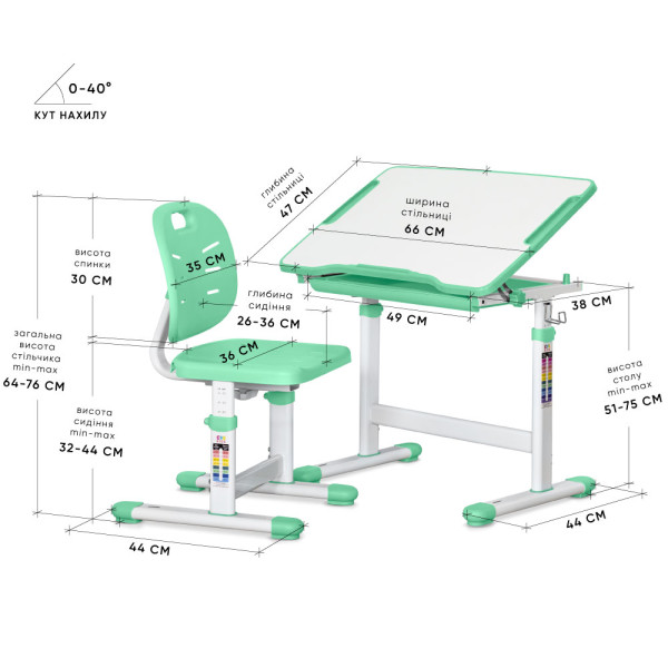 Комплект Evo-kids (стіл+стілець) Evo-05 Ergo Green (арт. Evo-05 Ergo Z) - стільниця біла / колір пластика зелений (коробок-1 шт.)