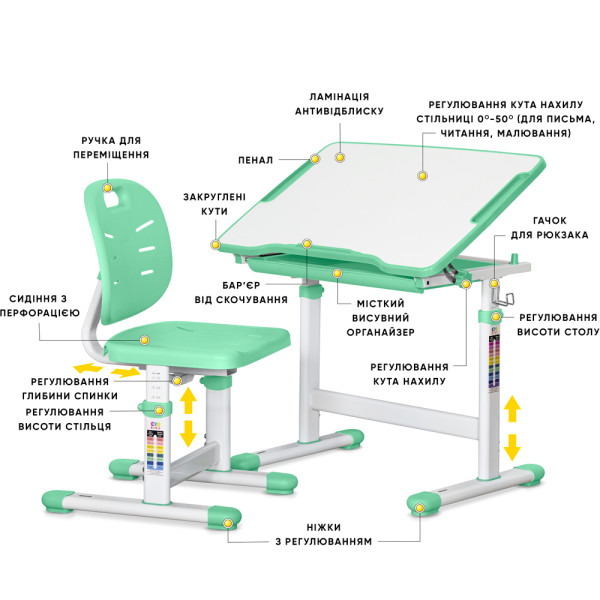 Комплект Evo-kids (стіл+стілець) Evo-05 Ergo Green (арт. Evo-05 Ergo Z) - стільниця біла / колір пластика зелений (коробок-1 шт.)
