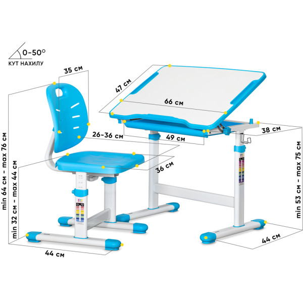 Комплект Evo-kids (стіл+стілець) Evo-06 Ergo Blue (арт. Evo-06 Ergo BL) - стільниця біла / колір пластика блакитний (коробок-1 шт.)