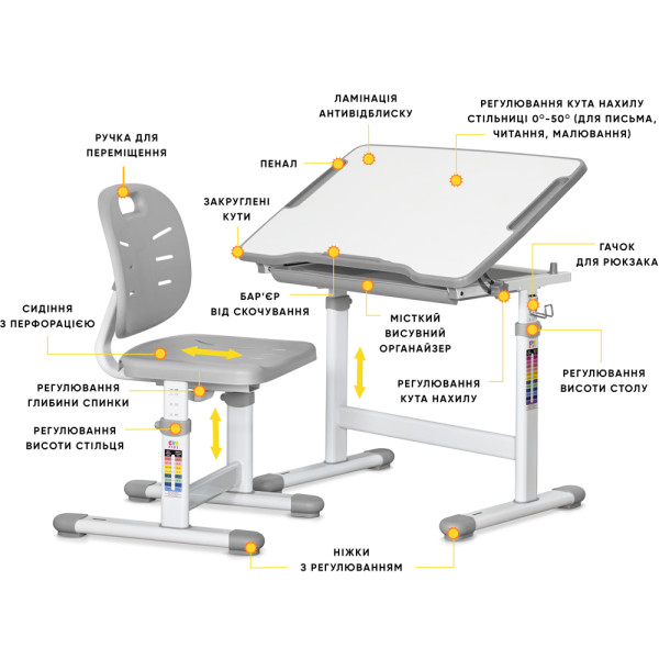 Комплект Evo-kids (стол+стул) Evo-06 Ergo Grey (арт. Evo-06 Ergo G) - столешница белая / цвет пластика серый (коробок-1 шт.)