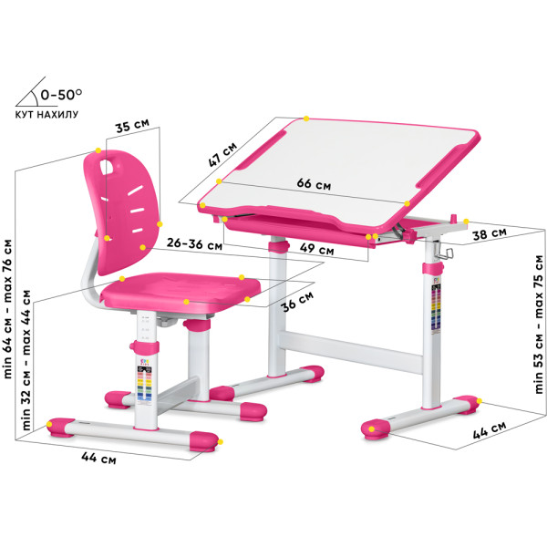 Комплект Evo-kids (стіл+стілець) Evo-06 Ergo Pink (арт. Evo-06 Ergo PN) - стільниця біла / колір пластика рожевий (коробок-1 шт.)