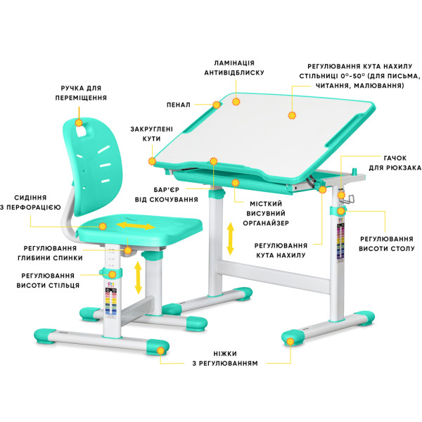 Комплект Evo-kids (стіл+стілець) Evo-06 Ergo Green (арт. Evo-06 Ergo Z) - стільниця біла / колір пластика зелений (коробок-1 шт.)