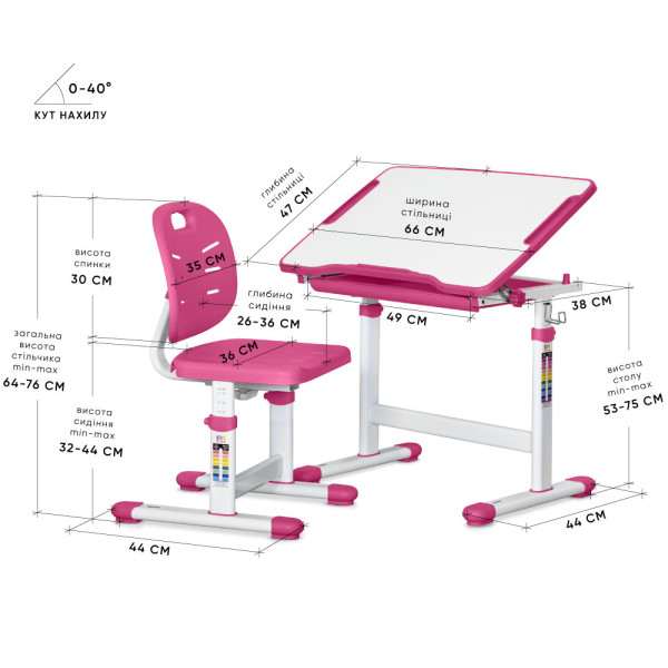 Комплект Evo-kids (стіл+стілець) Evo-06 Plus Pink (арт. Evo-06 Plus PN) - стільниця біла / колір пластика рожевий (коробок-1 шт.)