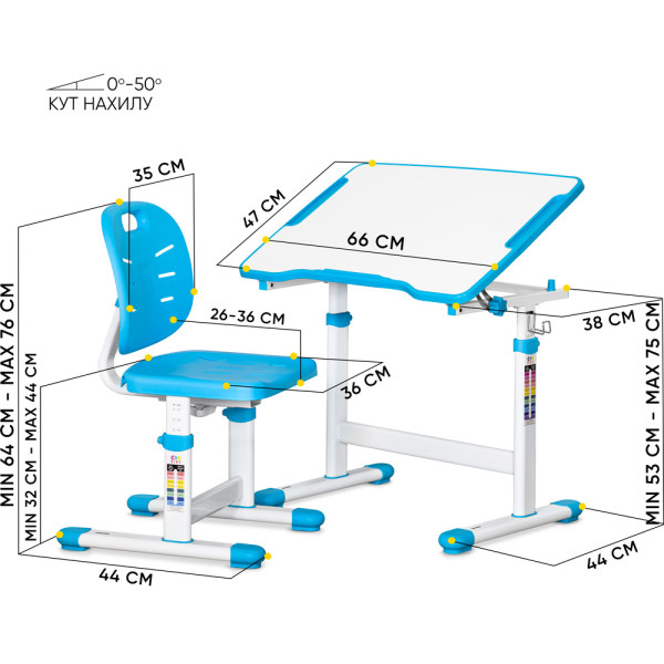 Комплект Evo-kids (стіл+стіл) Evo-07 Ergo Blue (арт. Evo-07 Ergo BL) - стільниця біла / колір пластику блакитний (коробок-1 шт.)