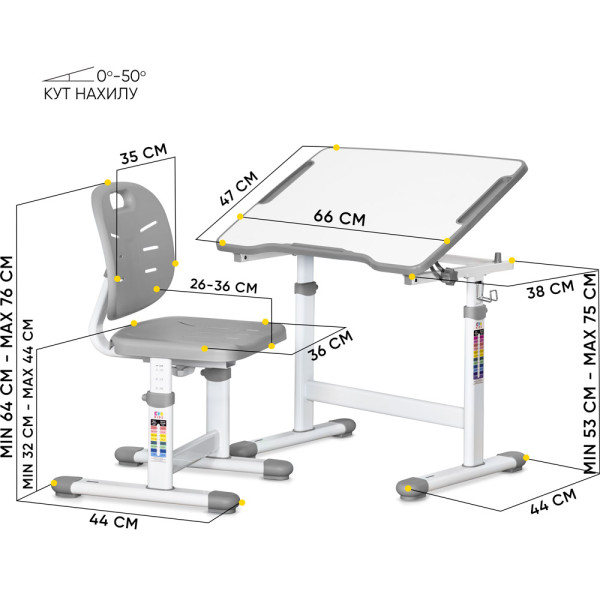 Комплект Evo-kids (стіл+стіл) Evo-07 Ergo Grey (арт. Evo-07 Ergo G) - стільниця біла / колір пластику сірий (коробок-1 шт.)