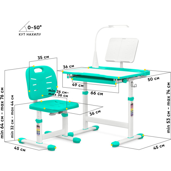 Комплект Evo-kids (стілець+стіл+полиця+лампа) Evo-17 Z Ergo (арт. Evo-17 Z Ergo) - стільниця біла / колір пластику зелений (коробок-1 шт.)