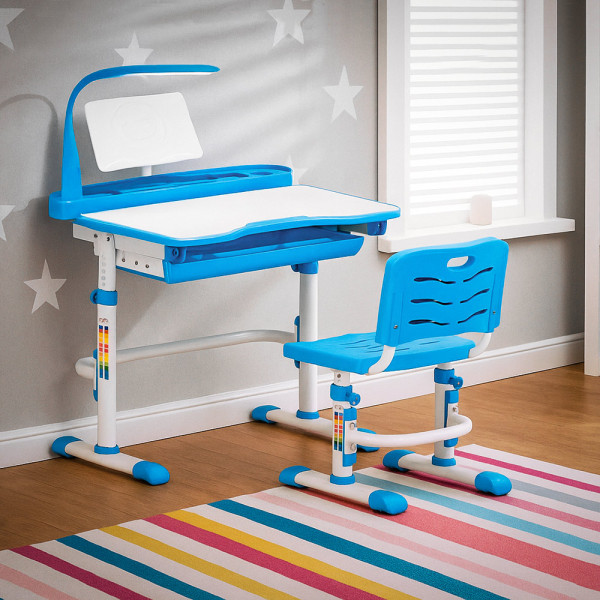Комплект Evo-kids (стілець+стіл+полиця+лампа+подушка) Evo-18 BL (Blue) з лампою - стільниця біла / колір пластика блакитний (коробок-2 шт.)