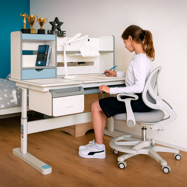Детский стол Evo-kids Florida Multicolor BL (арт.Evo-52 WG + BL Multicolor) - столешница белая / ножки белые с серыми и голубыми накладками (коробок-2 шт.)