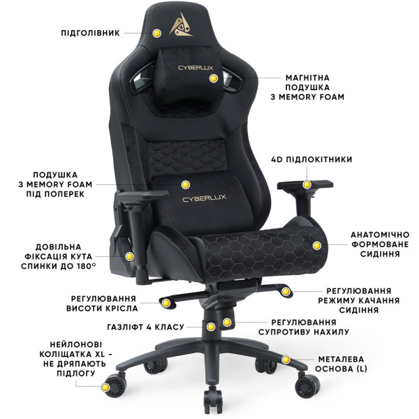 Геймерське крісло Cyberlux Apollo Black (арт. GM-404 B) - оббивка тканина + екошкіра / колір чорний (коробок-1 шт.)