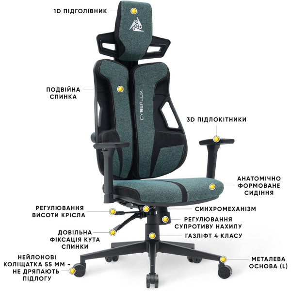 Геймерське крісло Cyberlux V8 Fabric Green (арт. GM-V8 FZ) - оббивка бірюзова однотонна (коробок-1 шт.)