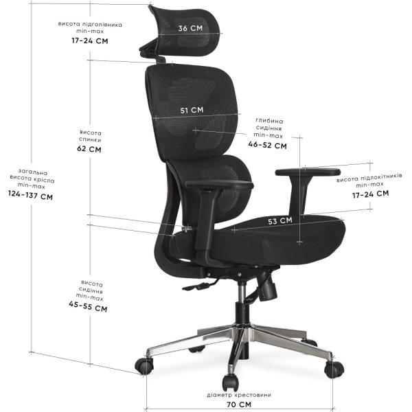 Крісло Mealux D1 Air Fabric Black (арт. HF-D1 F/B) - спинка сітка / сидіння тканина / колір чорний (коробок-1 шт.)