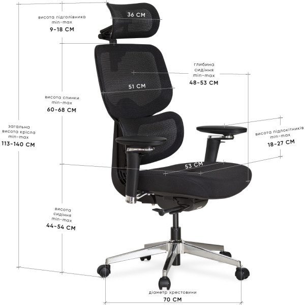 Крісло Mealux D2 Air Fabric Black (арт. HF-D2 F/B) - спинка сітка / сидіння тканина / колір чорний (коробок-1 шт.)