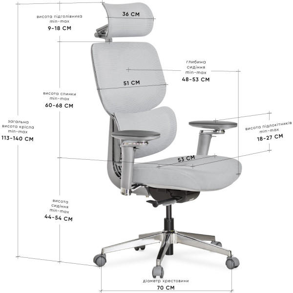 Крісло Mealux D2 Air Fabric Grey (арт. HF-D2 F/G) - спинка сітка / сидіння тканина / колір сірий (коробок-1 шт.)