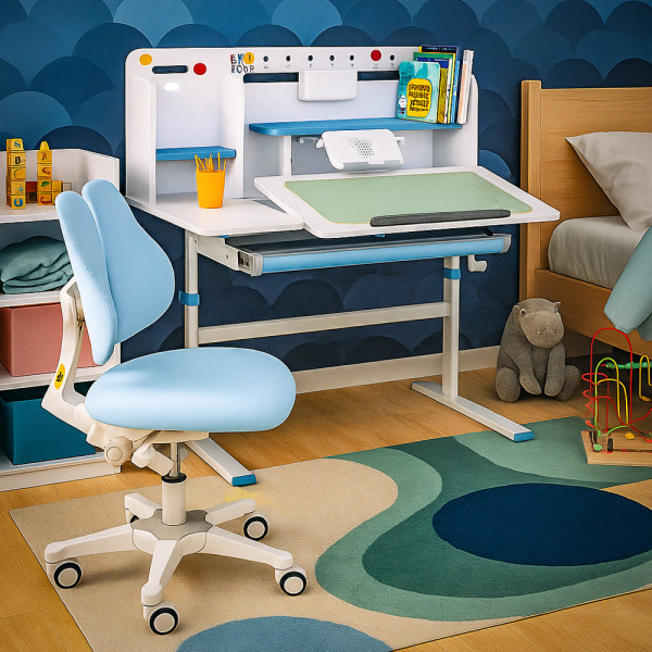 Комплект парта Evo-кids TH-230 Blue + крісло Evo-kids Mio Lite Blue (арт.TH-230 W/BL + Y-208 KBL) - оббивка блакитна / накладки на ніжках блакитні (коробок-2 шт.)