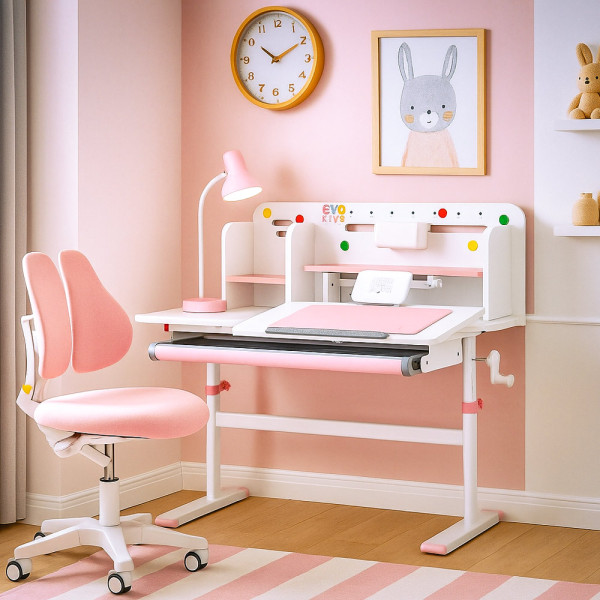 Комплект парта Evo-кids TH-230 Pink + крісло Evo-kids Mio Lite Pink (арт.TH-230 W/PN + Y-208 KP) - оббивка рожева / накладки на ніжках рожеві (коробок-2 шт.)