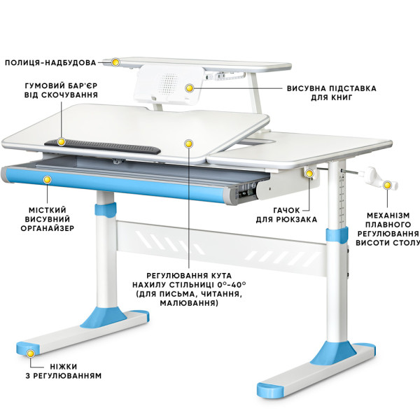 Дитячий стіл Evo-Kids TH-320 Blue (арт. TH-320 W/BL) - стільниця біла / накладки на ніжках блакитні (коробок-1 шт.)