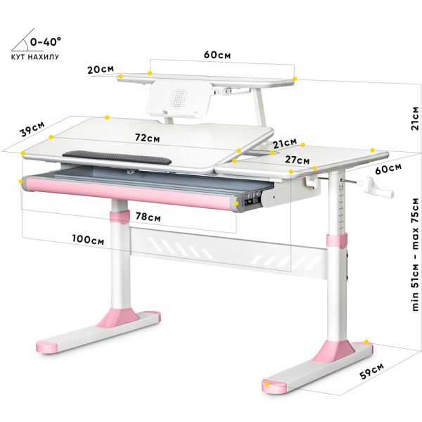 Детский стол Ergokids TH-320 Pink (арт. TH-320 W/PN) - столешница белая / накладки на ножках розовые (коробок-1 шт.)