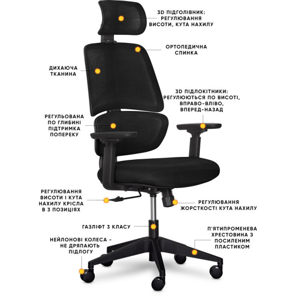 Кресло Mealux Leo Air Black (арт.Y-543 KB) - обивка сетка / черная однотонная (коробок-1 шт.)