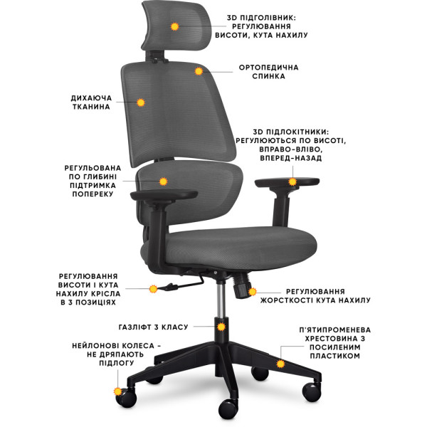 Кресло Mealux Leo Air Dark Grey (арт.Y-543 KBG) - обивка сетка / серая однотонная (коробок-1 шт.)