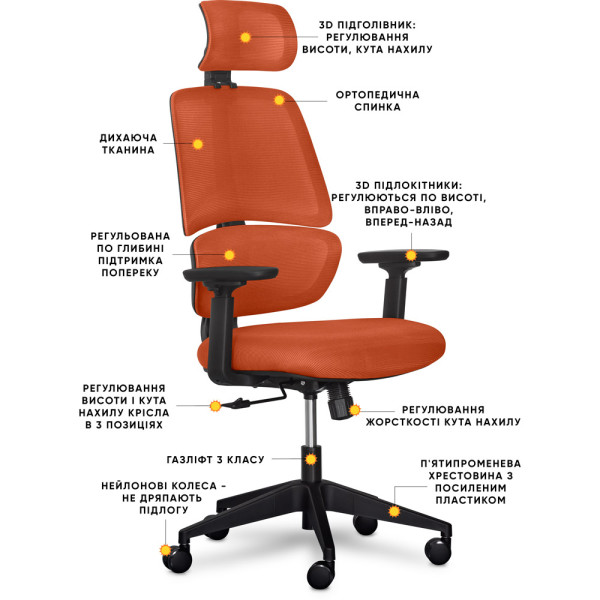 Крісло Mealux Leo Air Orange (арт.Y-543 KBY) - оббивка сітка / помаранчева однотонна (коробок-1 шт.)